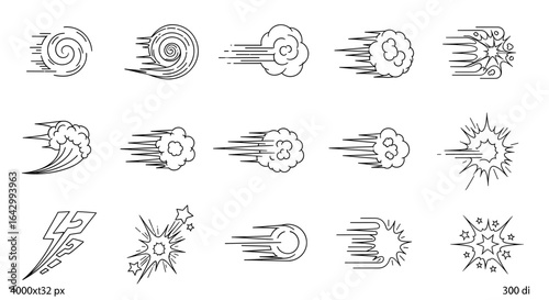 Collection of various speed and motion effect illustrations, showing different stylized dynamic visual representations.