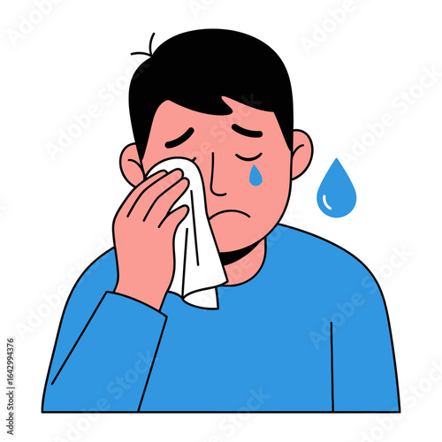 Sad Man with Tear: A man is depicted wiping away a single tear with a tissue in a flat illustration. A universal expression of sorrow, this image communicates a deep sense of emotion.