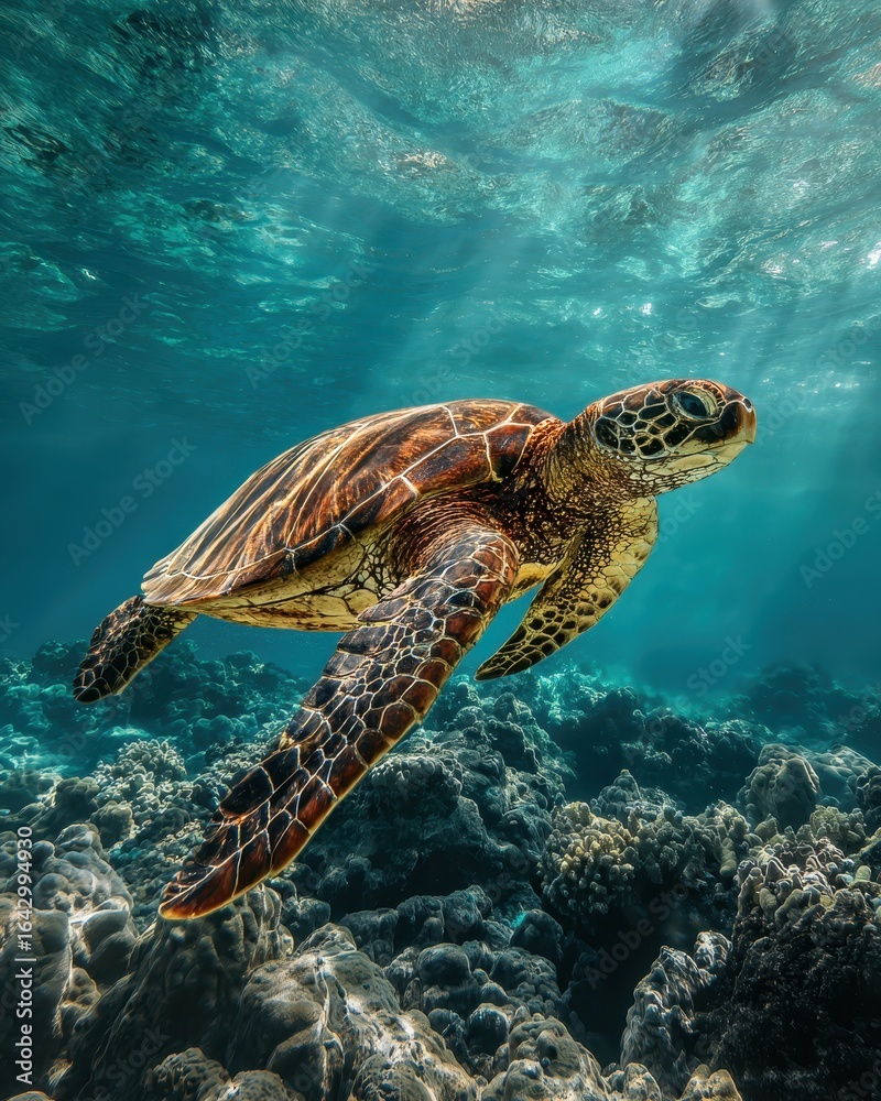 Fototapeta premium Sea Turtle Species. Green Turtle with Beautiful Shell Swimming in Hawaii Reef