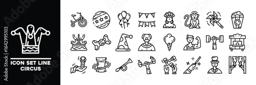 Circus-Themed Icon Set Featuring Line Art With Fun and Whimsical Designs.