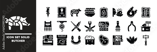 Set of Bold Butcher Icons Representing Tools, Equipment, and Meat Items.