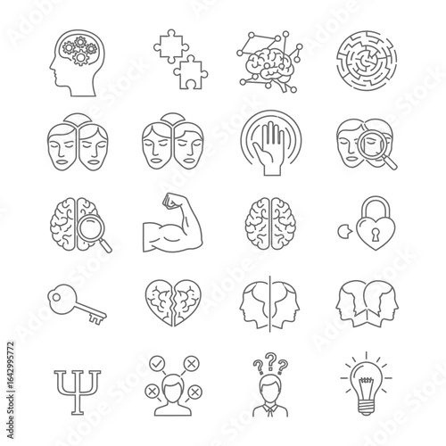 Psychology Icons: A comprehensive set of clean line art icons representing various psychological concepts, emotions, and thought processes.