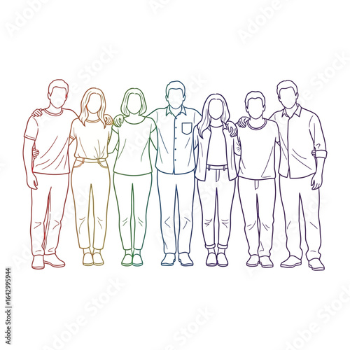 Community of Unity: Line art illustration of individuals from diverse backgrounds, arm in arm in a harmonious bond, expressing shared support and togetherness. A vivid representation of unity.