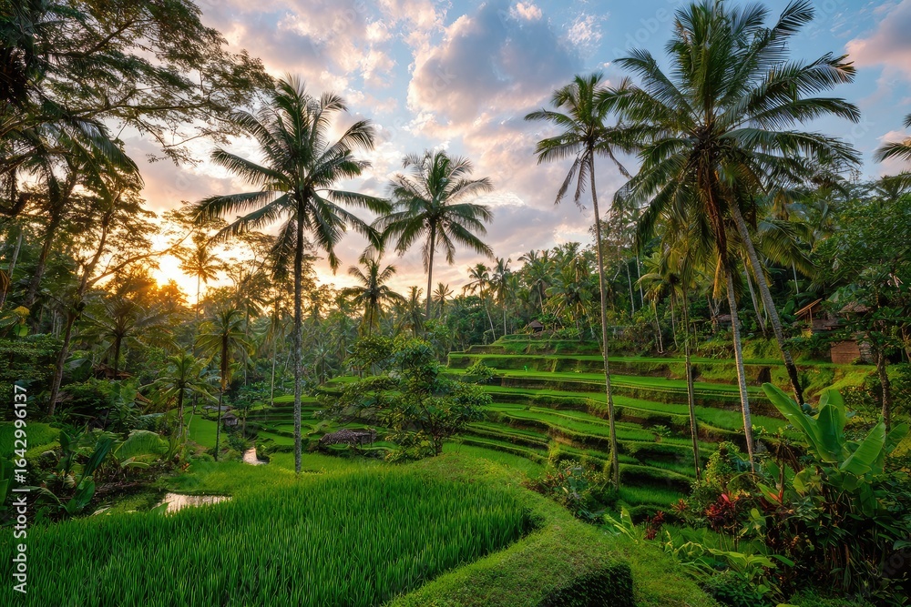 Lush terraced rice paddies at sunrise, framed by palm trees and vibrant greenery Lush terraced rice paddies at sunrise, framed by palm trees and vibrant greenery
