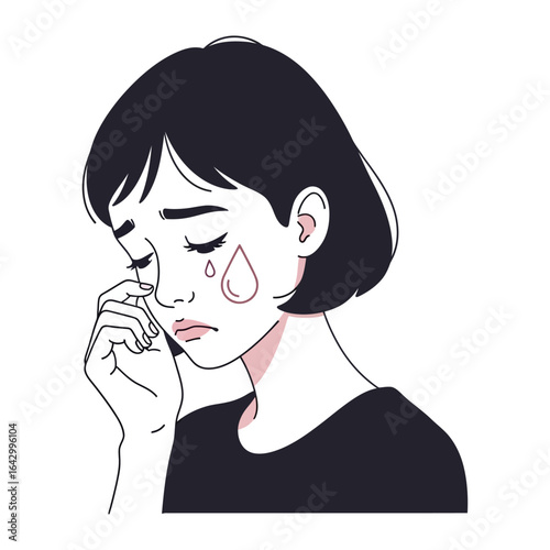 A Moment of Tears: The image shows a stylized portrayal of a young girl in a moment of intense emotion, with tears of sadness streaming down her face.