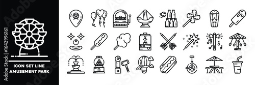 Line Icon Set Depicting Amusement Park Attractions and Elements.