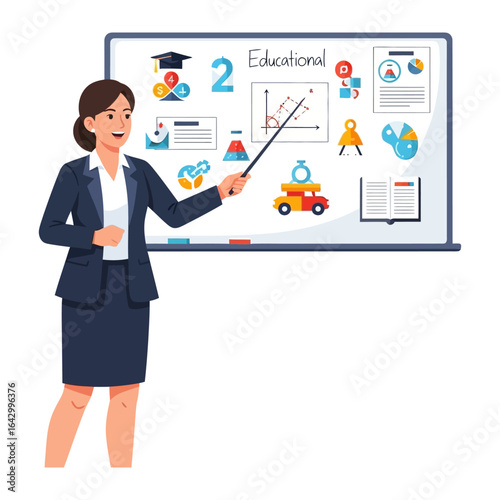 Engaging Educator: An illustration shows a teacher explaining subjects, concepts to students using a whiteboard, demonstrating the joy of sharing knowledge.