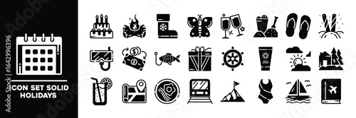 Holiday Icon Set Featuring Celebratory and Vacation Elements in Solid Style.