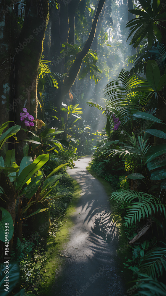 Naklejka premium A sunlit path through a dense tropical forest with lush green foliage