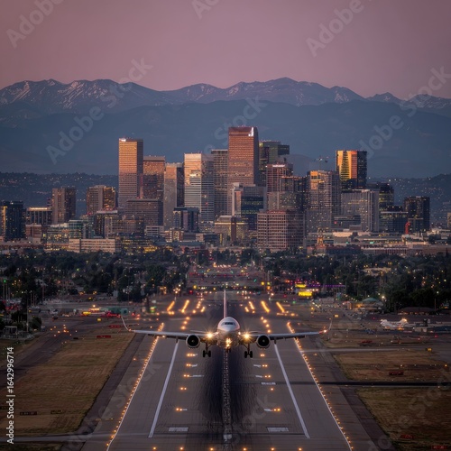 Airplane landing over Denver cityscape at dusk