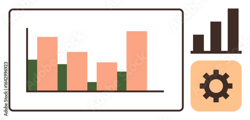 Horizontal bar chart displaying progress, growth trend graph, and a gear icon. Ideal for business, analytics, productivity, efficiency, teamwork process optimization strategy. Minimalist flat