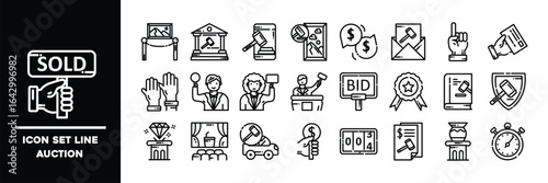Collection of Linear Auction Icons Depicting Various Bidding and Bidder Elements.
