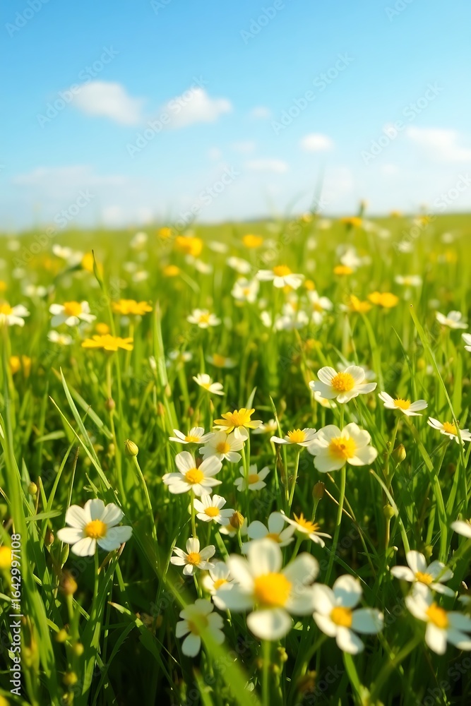 Fototapeta premium Expansive Field of White Daisies and Yellow Flowers Under Blue Sky