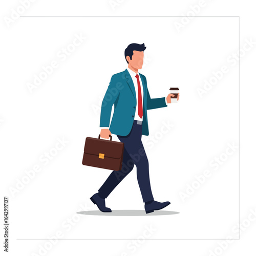 Morning Commute: A well-dressed professional, briefcase in hand and coffee in another, strides purposefully, beginning their day in the illustration.