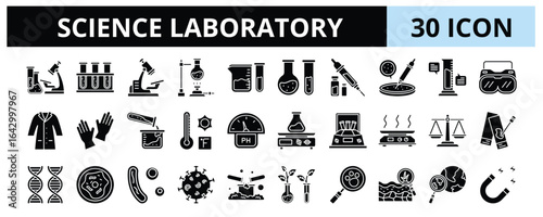 30 Science Laboratory Glyph Icons Vector - Bunsen Burner, Beaker, Flask, Pipette, Chemical, Petri Dish, Bacteria