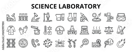 30 Science Laboratory Line Icons Vector - Bunsen Burner, Beaker, Flask, Pipette, Chemical, Petri Dish, Bacteria