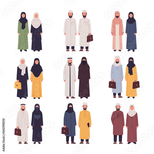 Harmony of Traditions: Nine pairs of figures, dressed in traditional attires, stand together, celebrating the rich heritage and unity. Each set demonstrates elegance and diversity.