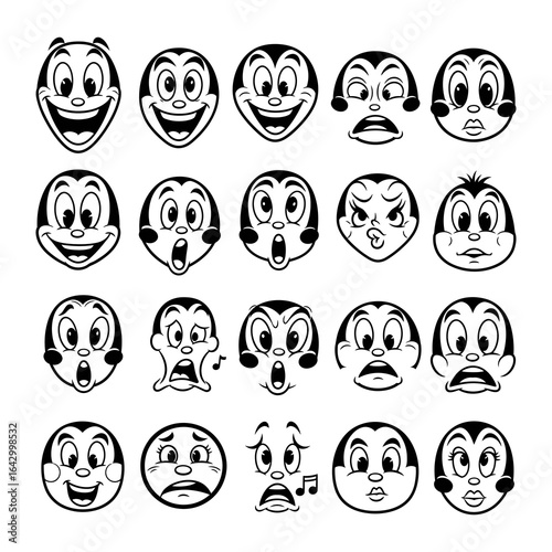 Cartoon Faces of Emotions: A collection of vintage cartoon face, each meticulously crafted to convey a specific emotion, in a range of expressions, from happiness to anger.