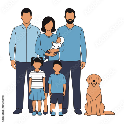 Family Portrait: A portrait of a family in coordinating outfits, with their happy family and their dog, the image is designed using line-art. 
