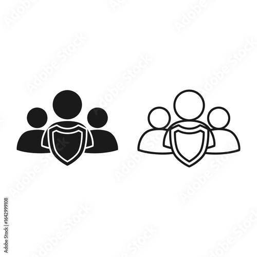 Team Protection: A set of simple icons represent a unified team, symbolized by a shield, providing a powerful visual for concepts such as safety, support, and collective strength.