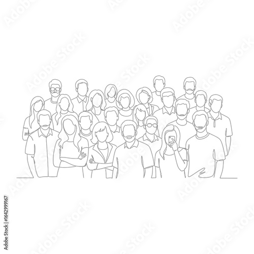 United Crowd in Line Art: A diverse group of individuals, crafted with a minimalist line art style, gathered together, the focus is on unity, connection and collective essence.