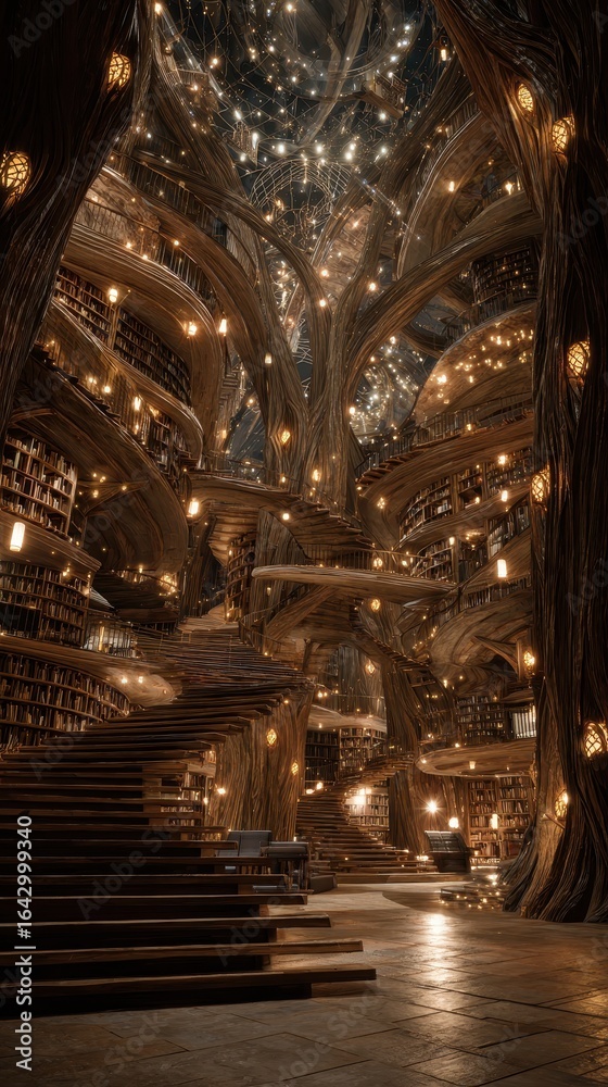 Obraz premium Magical Tree Library Interior Fantasy Architecture, Glowing Lights, Bookshelves