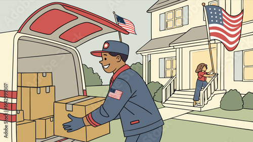 Patriotic delivery service with american flag and happy customer receiving package at home front door