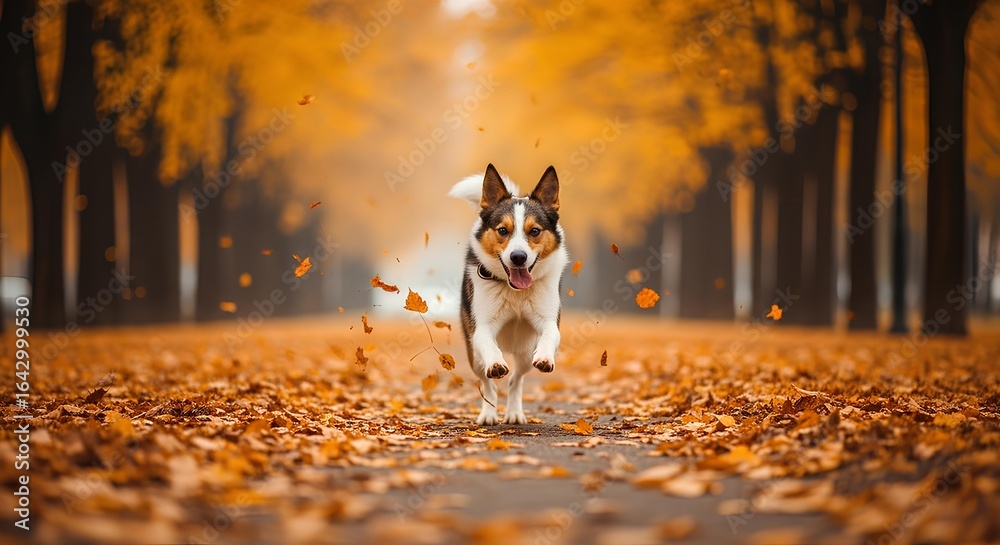 Fototapeta premium Ultra Realistic Playful Dog Running through Autumn Leaves in Park