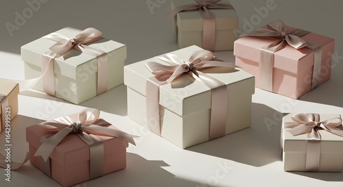 Beautifully Wrapped Present Boxes with Delicate Ribbons and Bows on a Light Background with Gentle Sunlight Casting Soft Shadows Creating an Elegant and Festive Atmosphere for Gifting Occasions	