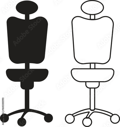 Office chair icons set black flat and outline styles vectors collection, ergonomic furniture bundle, swivel seat silhouette, adjustable backrest symbols, modern workplace seating illustration designs.