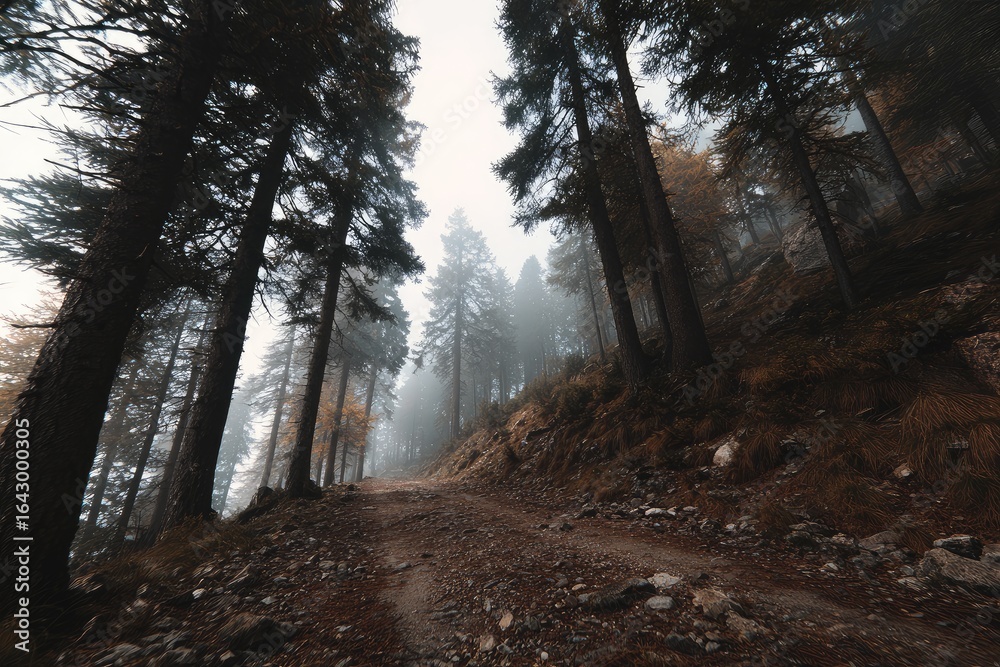 Obraz premium Misty mountain path through dense forest