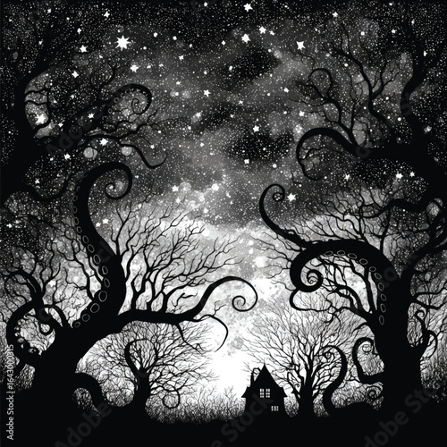 Vector silhouette set of Halloween Starry Sky with Tentacles isolated in White background, silhouette Set, Halloween theme, Vector illustration 