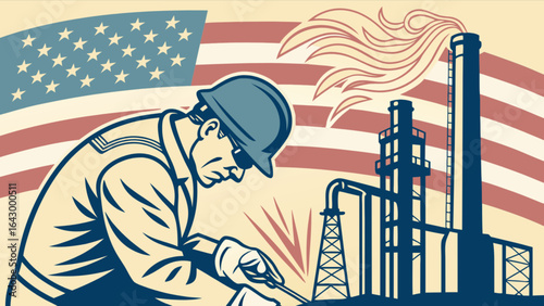 American industry worker welding with usa flag and oil refinery background vector illustration
