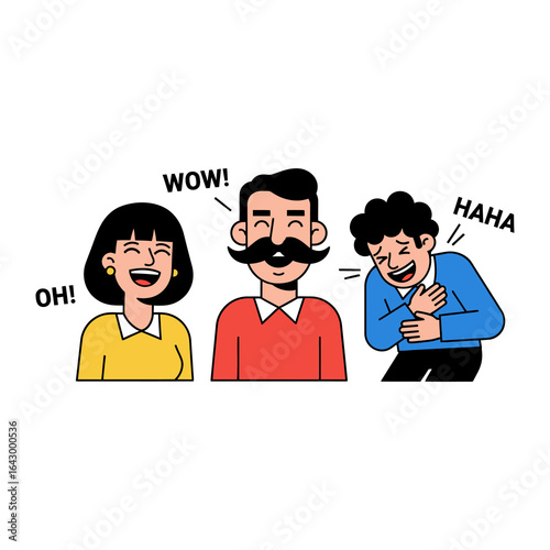 Laughing out Loud: A vibrant cartoon illustrates a family moment filled with laughter, joy, and amusement with speech bubbles showcasing expressions of Wow!, Haha!.