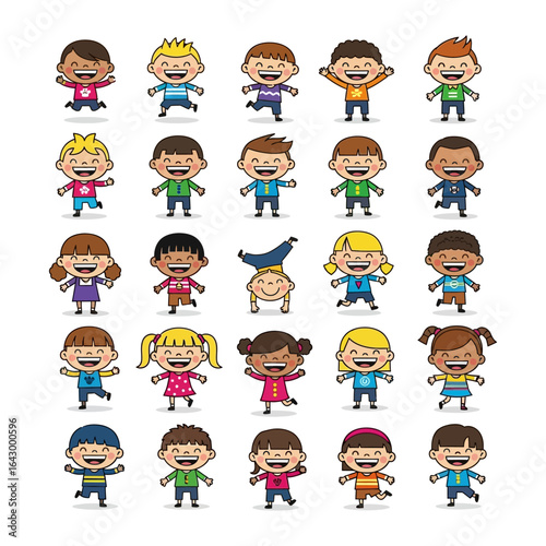 Joyful Children Illustration: A vibrant illustration of diverse children, each exuding infectious joy with animated poses and expressions. capturing childhood charm and innocent delight.