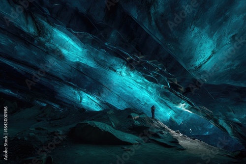 Deep glacial cave, vibrant turquoise light