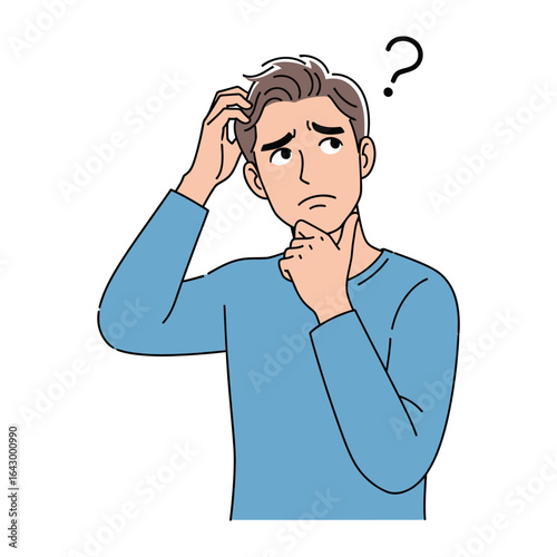 Man in deep thought: A man is deep in thought, the very epitome of contemplation, in a studio-like setting. He scratches his head, a quizzical question mark hovering above.