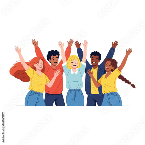 Joyful Reunion: A vibrant illustration depicts a diverse group of individuals with their arms raised in a collective gesture of joy, unity, and shared elation. A moment of pure.