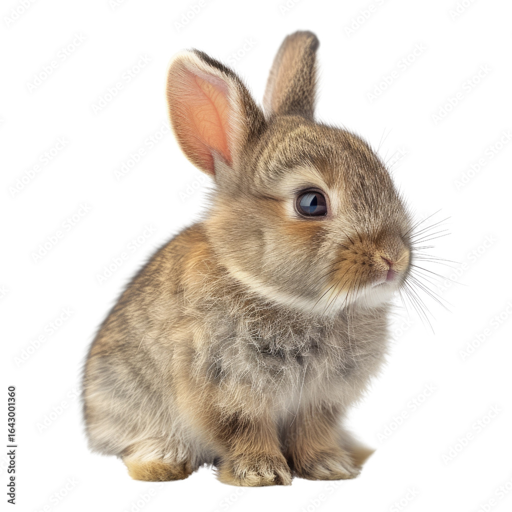Fototapeta premium Adorable brown bunny rabbit sitting, fluffy fur, cute expression. background removed