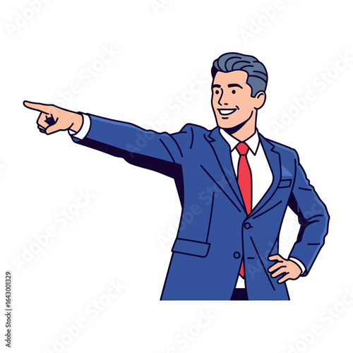 Direction with Authority: A confident and sharply dressed business man in a striking blue suit. he is pointing.
