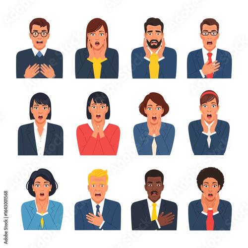 Astonishment & Surprise: A vibrant illustration depicting diverse professionals in a state of shock or surprise, showcasing various emotional expressions and reactions.