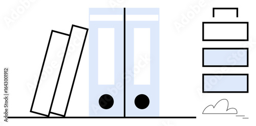 Standing and leaning file folders paired with stacked boxes on separate sides. Ideal for office organization, corporate storage, document management, workflow, record-keeping, minimalism, simple flat