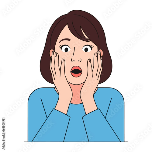 Awe-Struck: A woman with short hair in a blue sweater is captured, showing her face and hands held up to her face with open eyes and mouth as a pure display of amazement.