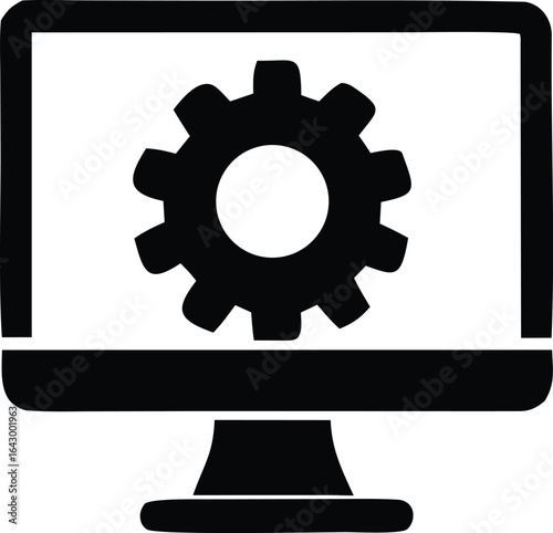 Computer screen displaying a prominent black gear icon symbolizing settings configuration or system adjustments in a digital interface