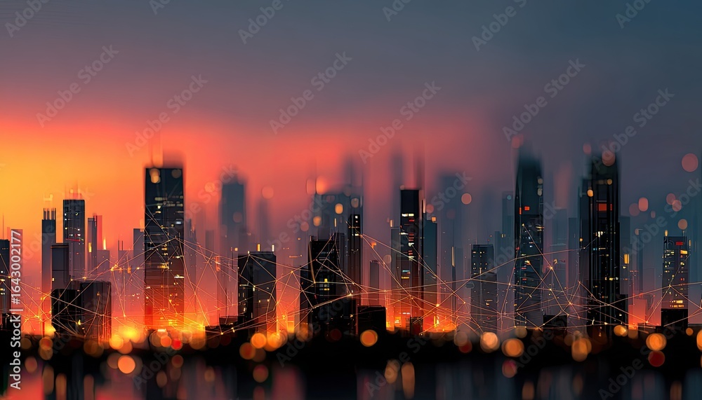 Fototapeta premium City skyline at sunset, illuminated by glowing connections