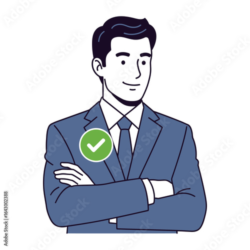 Approved Decision: An illustrated portrait of a confident gentleman in a tailored business suit, complete with an emblem of approval displayed prominently.