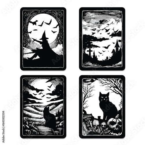 Vector silhouette set of Halloween Tarot Cards isolated in White background, silhouette Set, Halloween theme, Vector illustration 