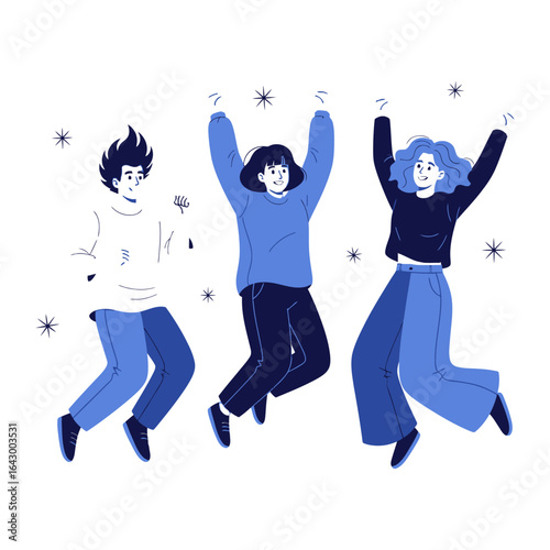 Joyful Group in Mid-Air: Capturing the exuberance and freedom of a group of friends, their figures leaping joyfully amidst a backdrop of playful illustrations, celebrating companionship and happiness.