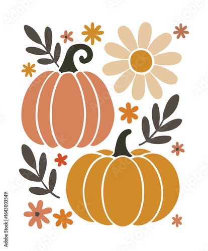 Two pumpkins with floral elements in muted autumn colors fall harvest