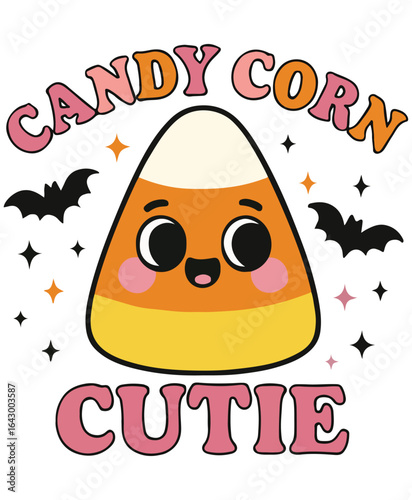 Cute candy corn character with bats and stars text cutie halloween cartoon